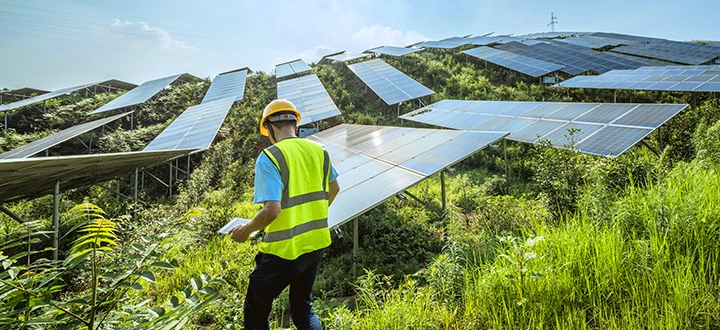 A man walking on a field with solar panles (photo)